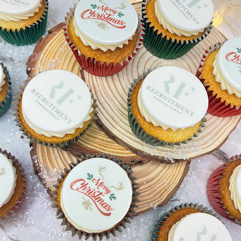 CHRISTMAS CUPCAKES FOR CORPORATE GIFTS WITH LOGO AND MERRY CHRISTMAS DESIGN