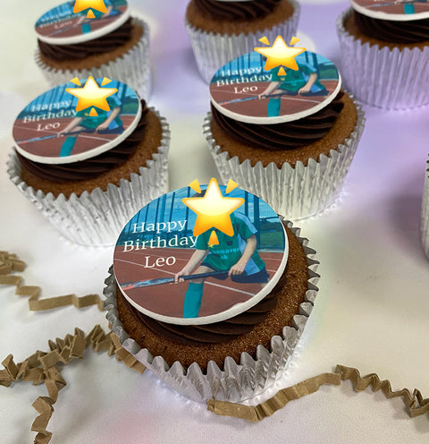 photo upload personalised cupcake with happy birthday message and photo. Chocolate flavour.