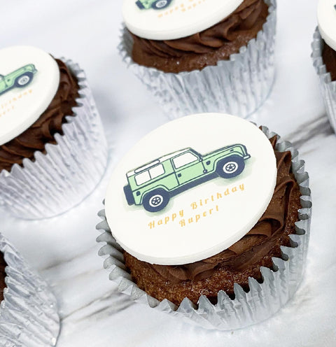 Chocolate birthday cupcake with image uploaded but customer and custom text on an edible topper.