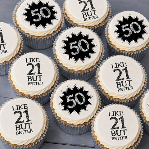 Milestone birthday buttercream cupcakes with Like 21 But Better edible toppers for 30th to 100th birthday gifts