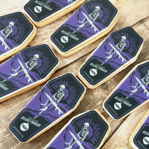 coffin shaped logo biscuit