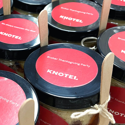 branded cake jars for event with logo sticker and spoon - shop printcakes.co.uk