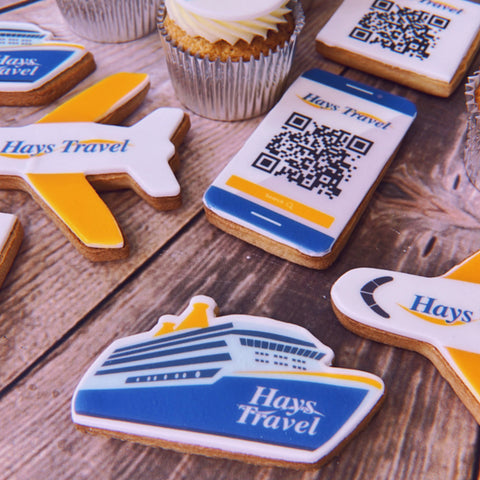 SHIP AND PLANE SHAPED BISCUITS FOR HAYS TRAVEL WITH QR CODE