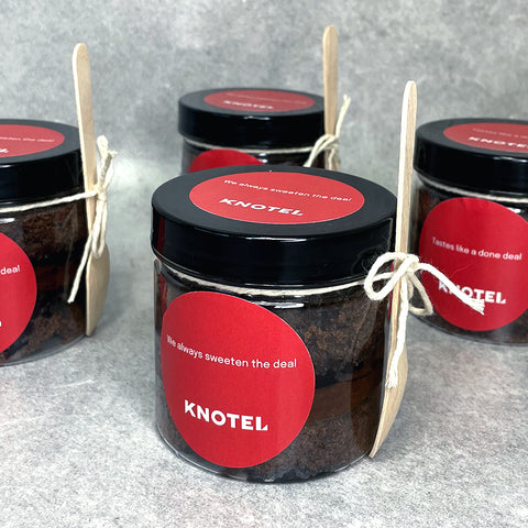 branded promotional cakes jars for event personalised with logo sticker