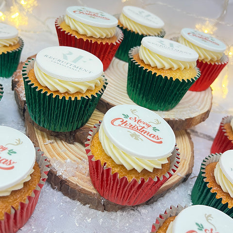 CUPCAKES WITH EDIBLE MERRY CHRISTMAS DESIGN AND COMPANY LOGO