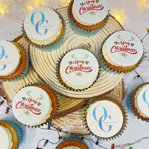 branded christmas cupcakes with merry christmas design on vanilla buttercream and logos