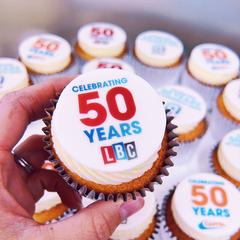 London LBC branded cupcakes with 50 years celebration message and logo