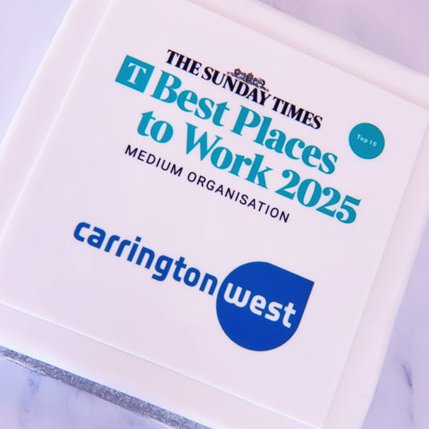 Vegan celebration cake with Sunday times best places to work logo. Handmade, beautifully finished and delivered uk wide