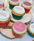 CHRISTMAS CUPCAKES WITH MERRY CHRISTMAS DEISGN AND BUSINESS LOGO