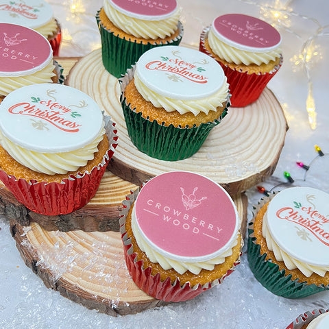 CHRISTMAS CUPCAKES WITH MERRY CHRISTMAS DEISGN AND BUSINESS LOGO