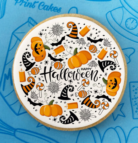 Halloween branded biscuit with pumpkins, bats, cobwebs, witch hats and sweets design on edible icing.