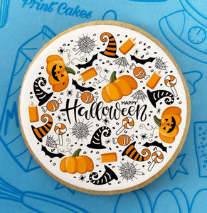 Halloween branded biscuit with pumpkins, bats, cobwebs, witch hats and sweets design on edible icing.