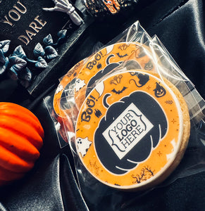halloween biscuits with pumpkin and customisable company logo