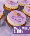 GLUTEN FREE INTERNATIONAL WOMEN'S DAY CUPCAKES WITH PURPLE LOGO DESIGN
