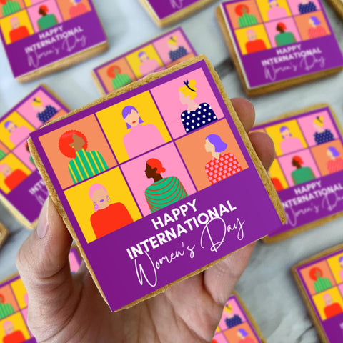 HAPPY INTERNATIONAL WOMEN'S DAY BISCUITS FOR STAFF IN PURPLE DESIGN WITH LOGO