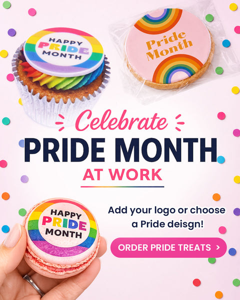 order pride month cupcakes, biscuits and macarons with logos - uk delivery