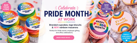 order pride month branded cupcakes, biscuits, macarons and cakes for workplace treats