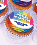 happy pride cupcakes with rainbow buttercream and a space to add a company logo.
