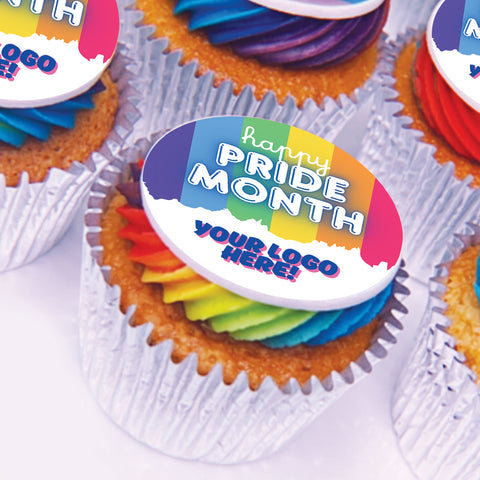 happy pride cupcakes with rainbow buttercream and a space to add a company logo.