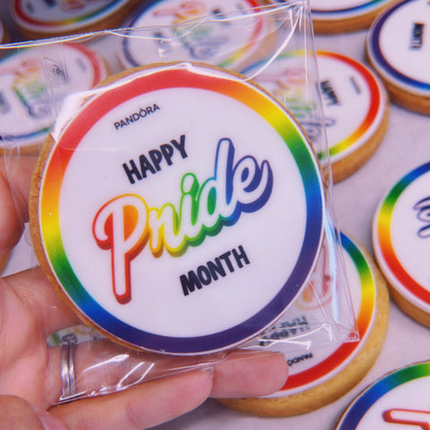 Pride branded biscuits for a company event, individually packaged with Happy Pride Month message