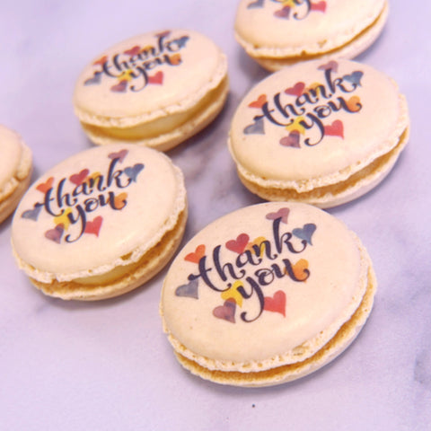 thank you macarons with thank you printed onto them for a gift