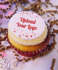 branded valentines day cupcake in red case with cupcake topper