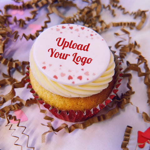 branded valentines day cupcake in red case with cupcake topper