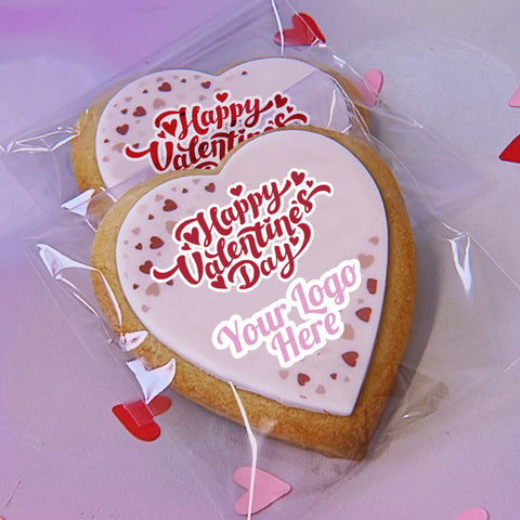valentines heart biscuit with logo and Happy Valentines day message - uk delivery