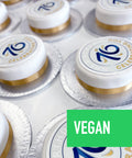 VEGAN CELEBRATION CAKES PRINTED WITH COMPANY LOGO DESIGN.
