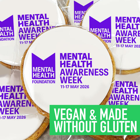 VEGAN FREE FROM MENTAL HEALTH AWARENESS BISCUITS WITH MENTAL HEALTH FOUNDATION LOGO AND AWARENESS WEEK MESSAGE