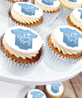 baby boy cupcake gift box with edible toppers showing cute baby grown and baby boy message