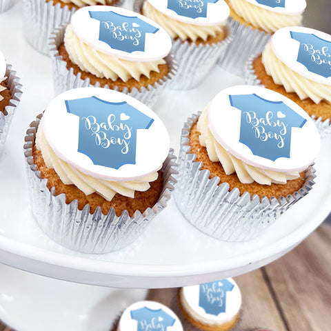 baby boy cupcake gift box with edible toppers showing cute baby grown and baby boy message