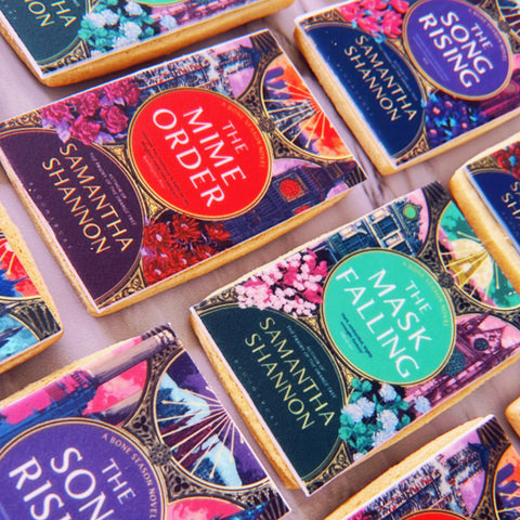 bespoke book cover rectangle biscuits with book artwork edible printing on icing. 