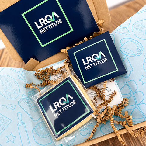 branded biscuit and branded tea bag gift box with printed postcard for employees