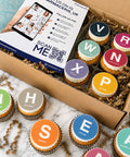 branded cupcakes gift box with 12 cupcakes showing multiple edible prints and company leaflet for client gift.