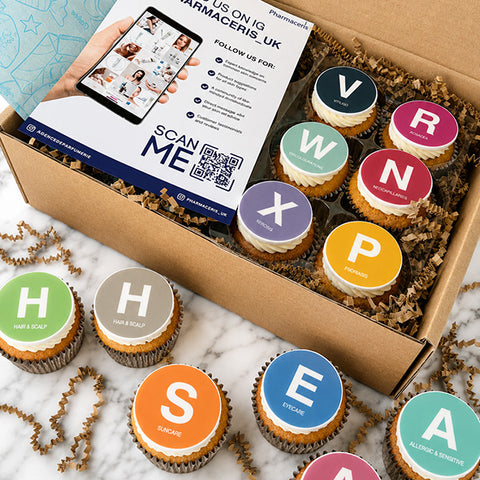 branded cupcakes gift box with 12 cupcakes showing multiple edible prints and company leaflet for client gift.