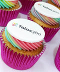 cupcake with branded logo topper and matching coloured buttercream with 3 colours