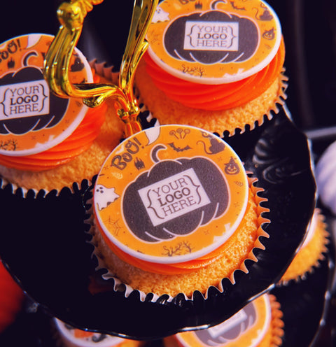 logo branded halloween cupcakes for gifts, events and party with pumpkin design