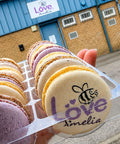 purple and white branded macarons with charity logo for Love Amelia in Sunderland