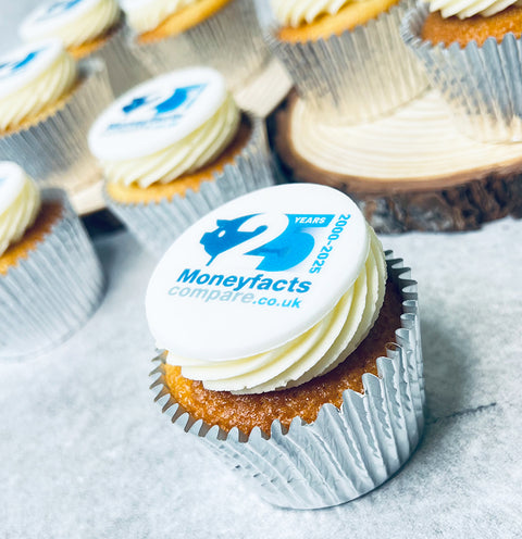 buttercream cupcake with business birthday logo on top.