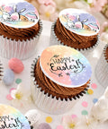 Chocolate Happy Easter buttercream cupcakes with bunny and Happy Easter edible toppers for gifts and workplace treats