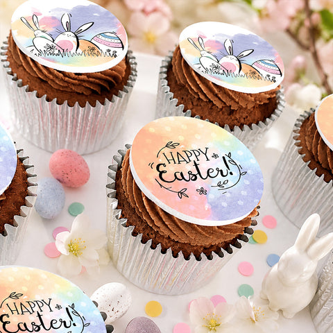 Chocolate Happy Easter buttercream cupcakes with bunny and Happy Easter edible toppers for gifts and workplace treats