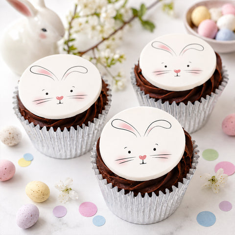 Easter Bunny chocolate cupcakes with buttercream and edible bunny toppers for Easter gifts and workplace treats