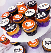 happy halloween ghost cupcakes with coloured buttercream for halloween parties and gifts