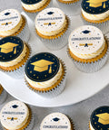hand made graduation themed cupcakes with hat designs and congratulations iced message. uk delivery