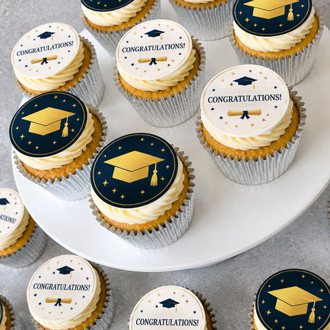 hand made graduation themed cupcakes with hat designs and congratulations iced message. uk delivery