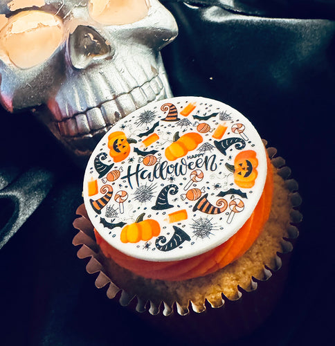 halloween cupcakes with pumpkin design for gift boxes, events and parties. 
