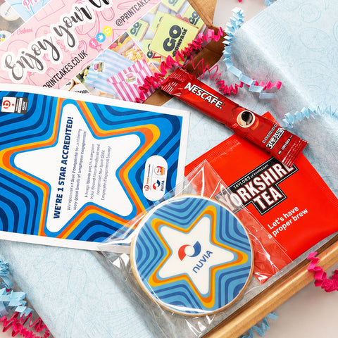 Employee gift box with branded biscuit, tea bag and corporate thank you treats