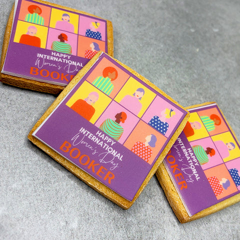square branded biscuit with International Women's Day design for employees
