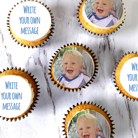 Personalised edible printed cupcake photo and message toppers. Delivered in the UK